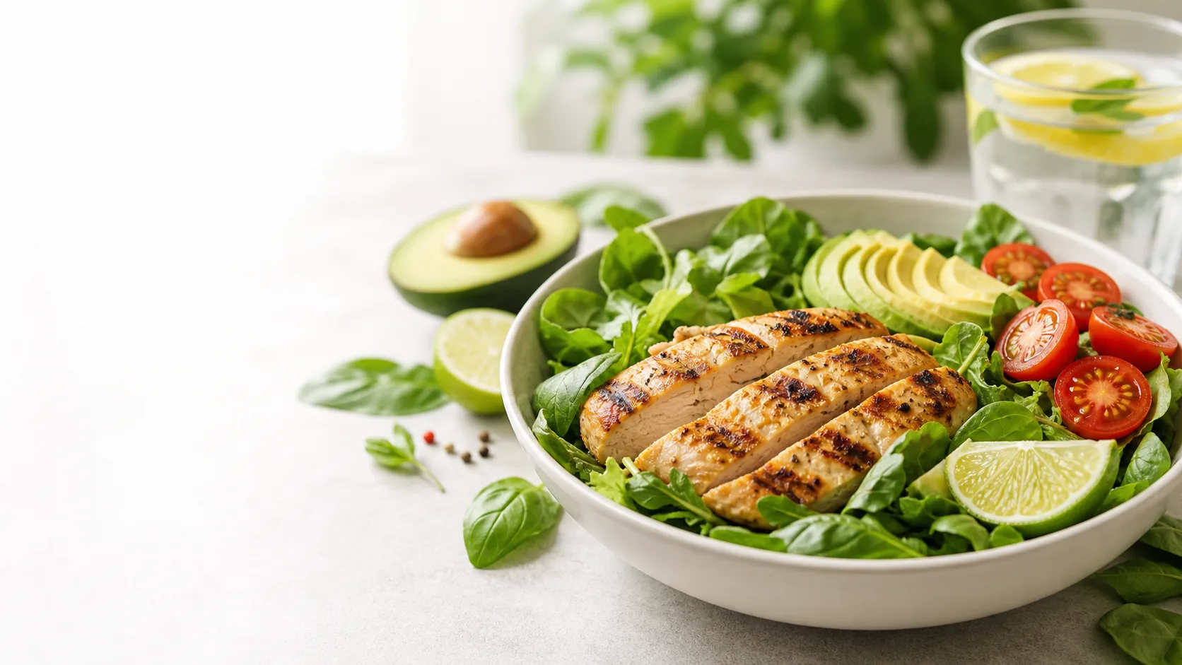 Ensalada saludable con pollo, aguacate y vegetales frescos
