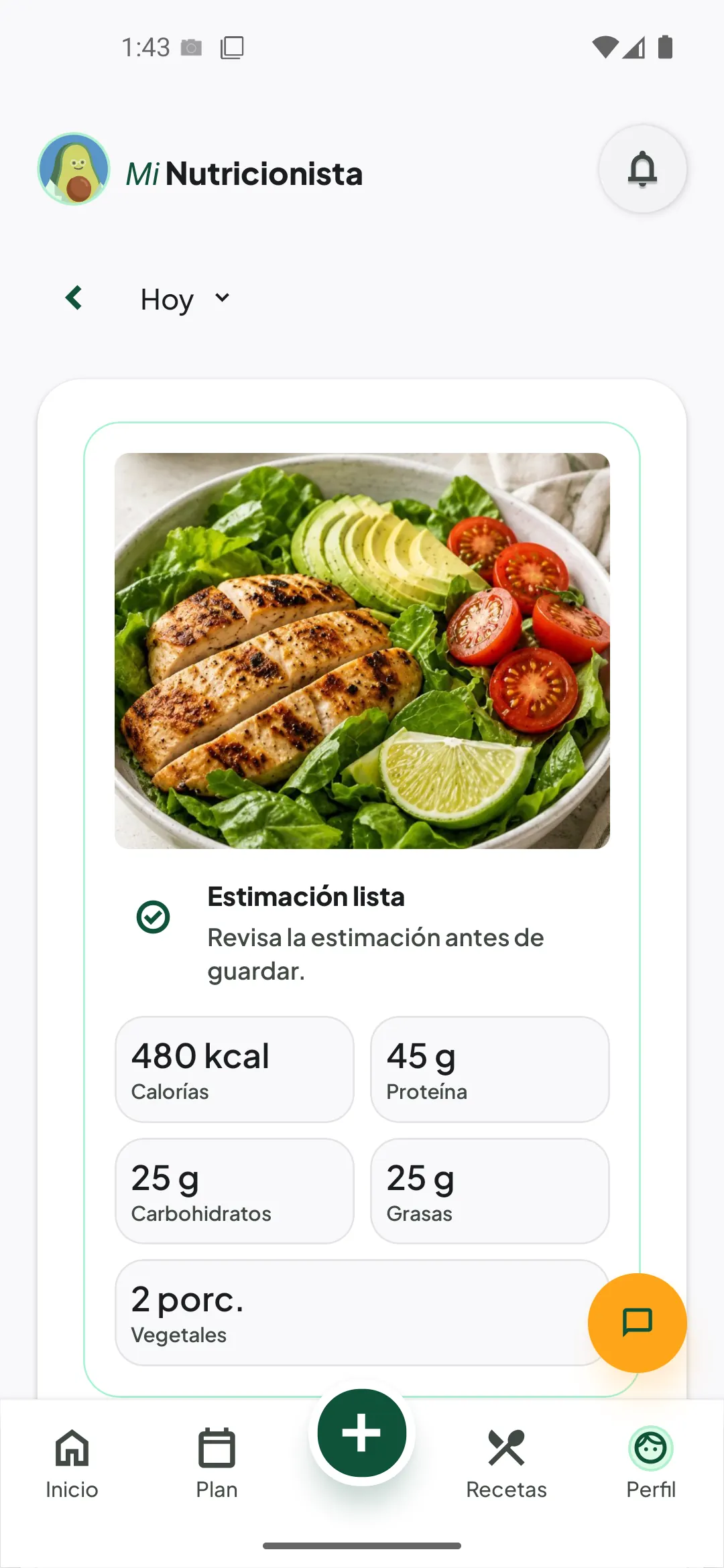 Pantalla real de Mi Nutricionista con la estimación de un plato fotografiado: 480 kcal, 45 g de proteína, 25 g de carbohidratos y 25 g de grasas