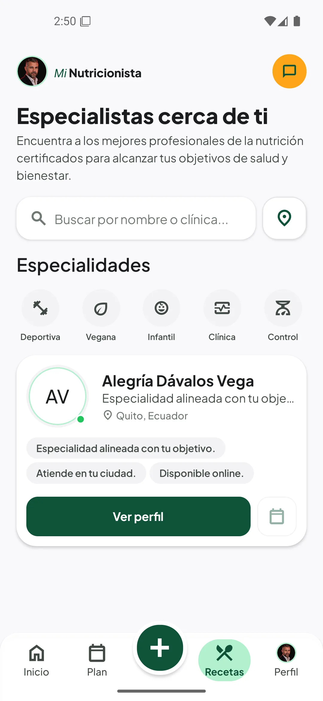 Pantalla real de Mi Nutricionista para buscar especialistas cerca de ti